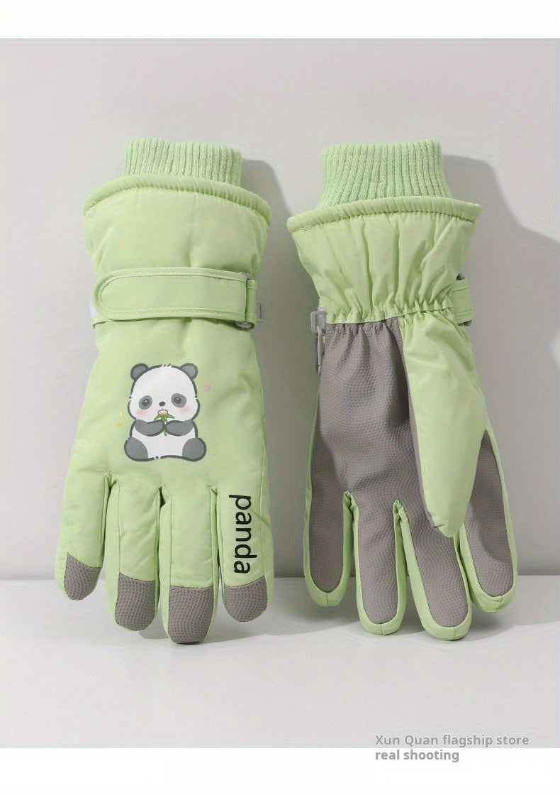 1 Pair Women'S Winter Ski Gloves, Cute Panda Design, Touchscreen Compatible, Polyester Thermal Lining, Velvet Palm, Magic Tape Closure, Hand Washable, Weather-Resistant